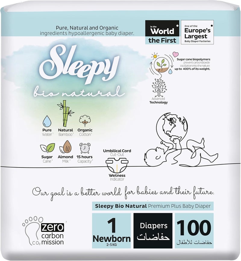 Sleepy Bio Natural Premium Size 1 Diapers | 100 Count | Hypoallergenic Baby Diapers for Newborns - Image 1